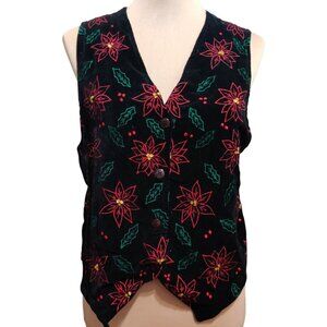 Vintage Casey & Max S Black Velvet Vest Button Front Embroidered Point Hem Cute